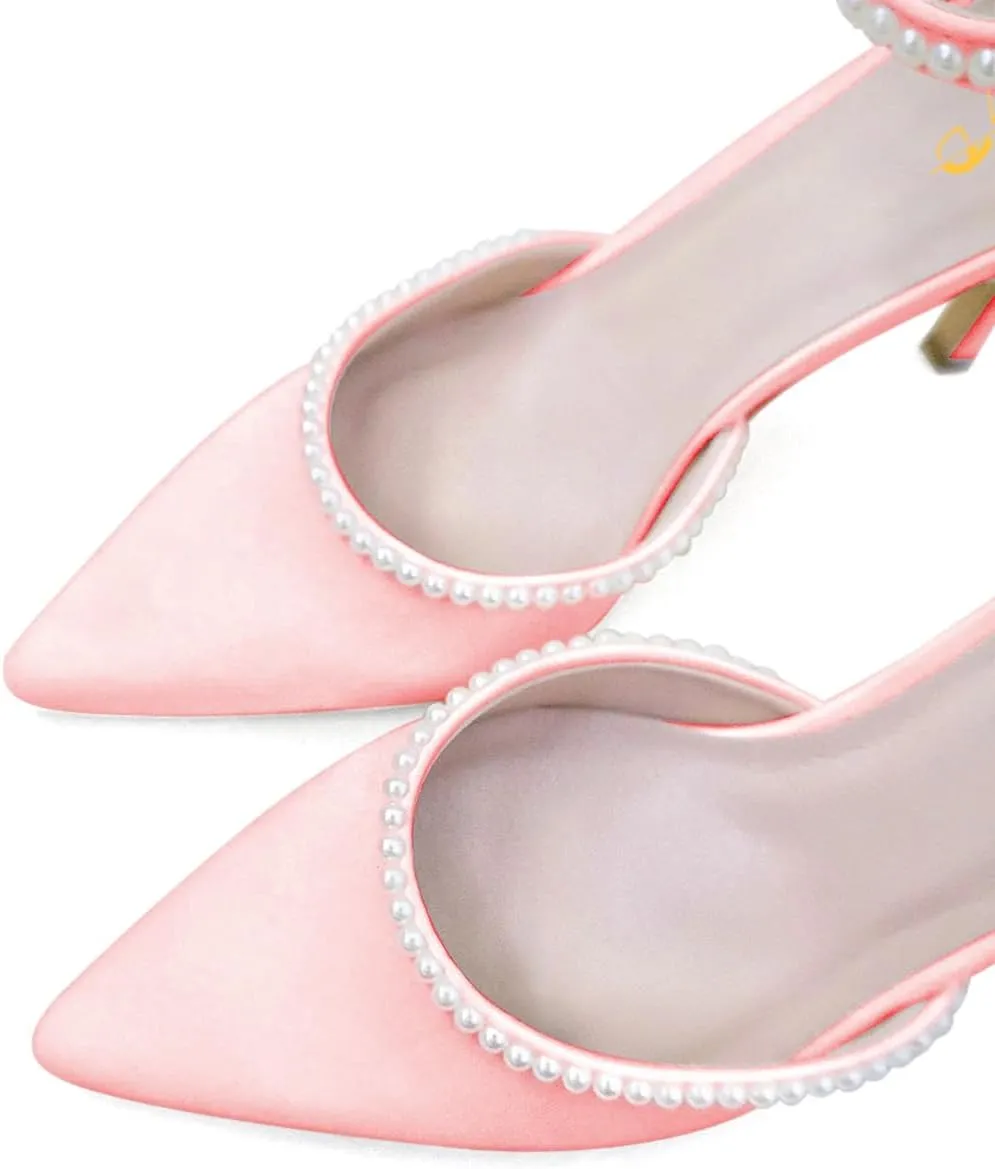 XYD Women Pearl Pointed Toe Ankle Strap Low Mid Heels D'Orsay Wedding Pumps Comfy Party Dance Shoes
