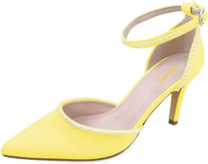XYD Women Pearl Pointed Toe Ankle Strap Low Mid Heels D'Orsay Wedding Pumps Comfy Party Dance Shoes