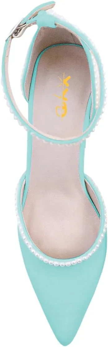 XYD Women Pearl Pointed Toe Ankle Strap Low Mid Heels D'Orsay Wedding Pumps Comfy Party Dance Shoes