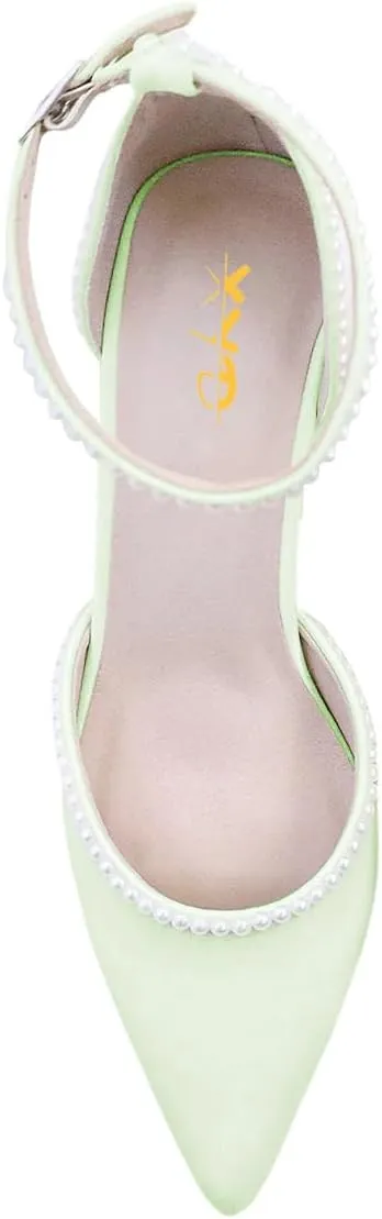 XYD Women Pearl Pointed Toe Ankle Strap Low Mid Heels D'Orsay Wedding Pumps Comfy Party Dance Shoes