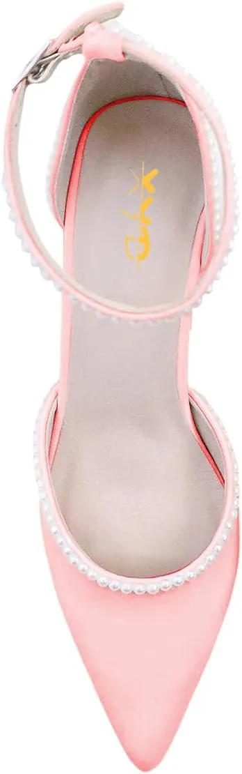 XYD Women Pearl Pointed Toe Ankle Strap Low Mid Heels D'Orsay Wedding Pumps Comfy Party Dance Shoes