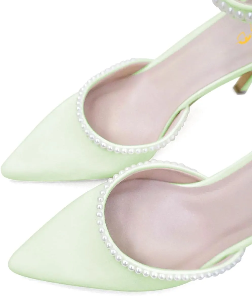 XYD Women Pearl Pointed Toe Ankle Strap Low Mid Heels D'Orsay Wedding Pumps Comfy Party Dance Shoes