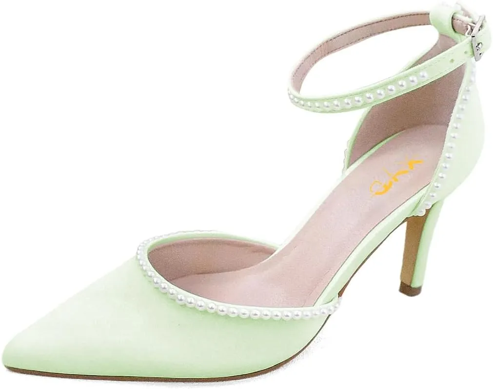 XYD Women Pearl Pointed Toe Ankle Strap Low Mid Heels D'Orsay Wedding Pumps Comfy Party Dance Shoes