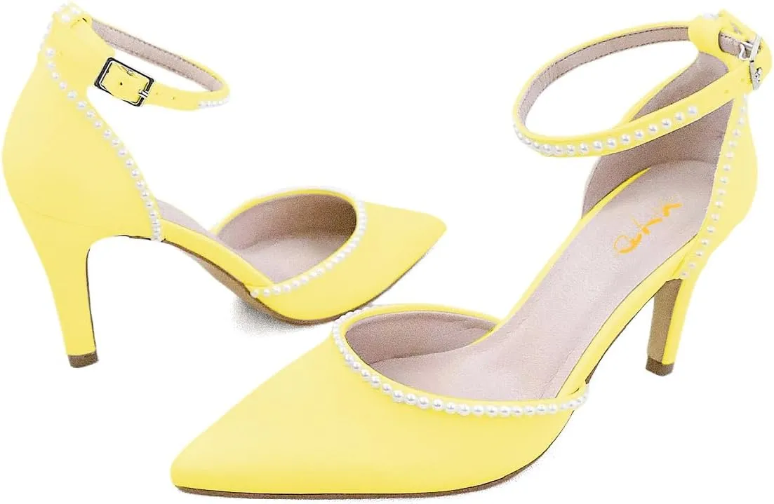 XYD Women Pearl Pointed Toe Ankle Strap Low Mid Heels D'Orsay Wedding Pumps Comfy Party Dance Shoes