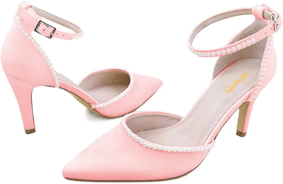 XYD Women Pearl Pointed Toe Ankle Strap Low Mid Heels D'Orsay Wedding Pumps Comfy Party Dance Shoes