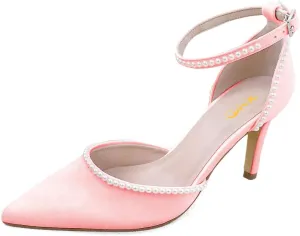 XYD Women Pearl Pointed Toe Ankle Strap Low Mid Heels D'Orsay Wedding Pumps Comfy Party Dance Shoes