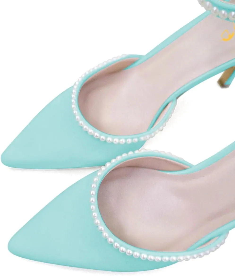 XYD Women Pearl Pointed Toe Ankle Strap Low Mid Heels D'Orsay Wedding Pumps Comfy Party Dance Shoes
