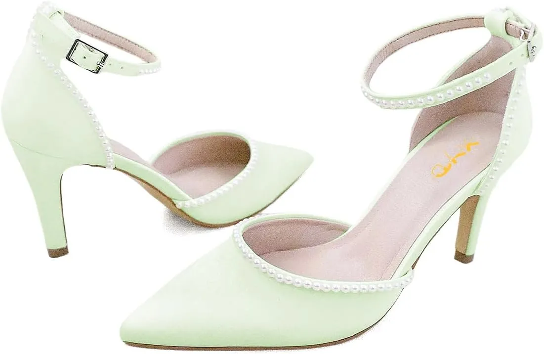 XYD Women Pearl Pointed Toe Ankle Strap Low Mid Heels D'Orsay Wedding Pumps Comfy Party Dance Shoes