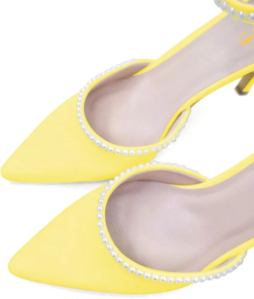 XYD Women Pearl Pointed Toe Ankle Strap Low Mid Heels D'Orsay Wedding Pumps Comfy Party Dance Shoes