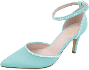 XYD Women Pearl Pointed Toe Ankle Strap Low Mid Heels D'Orsay Wedding Pumps Comfy Party Dance Shoes