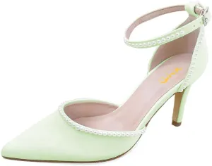 XYD Women Pearl Pointed Toe Ankle Strap Low Mid Heels D'Orsay Wedding Pumps Comfy Party Dance Shoes