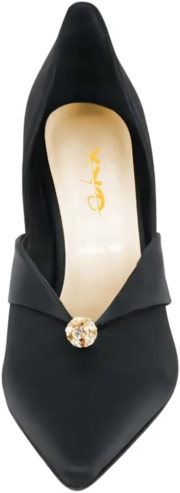 XYD Women's Pumps Stiletto High Heels Rhinestone Bead Closed Pointed Toe Slip On Comfort Ladies Office Work Church Wedding Party Dress Satin Shoes