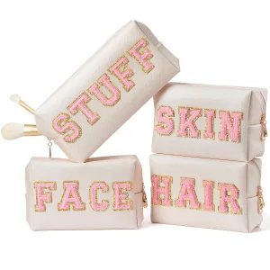 Y1tvei 4Pcs Preppy Patch Varsity Letter Makeup Bag Sewn with Pink Skin Hair Face Stuff Chenille Letter Cosmetic Toiletry Bag PU Leather Waterproof Portable Zipper Purse Travel Organizer for Women Girl