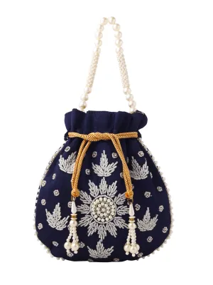 Yellow Chimes Potli Bags: Pearl Beaded Wristlet | Handmade Embroidery | 21x22 cm | Multicolour