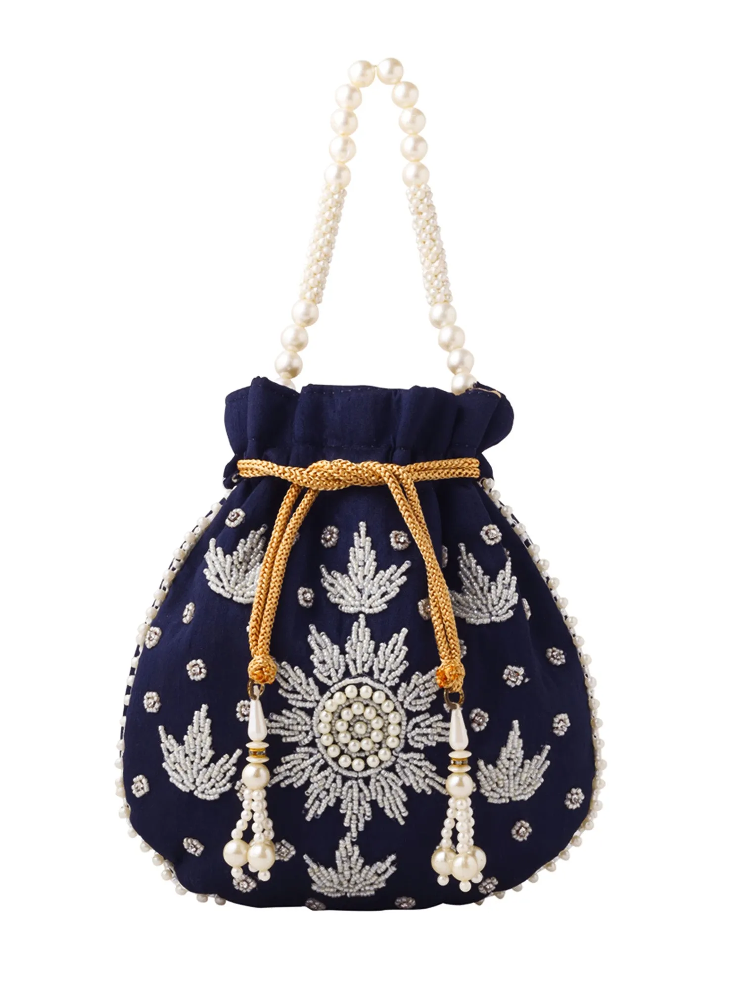 Yellow Chimes Potli Bags: Pearl Beaded Wristlet | Handmade Embroidery | 21x22 cm | Multicolour