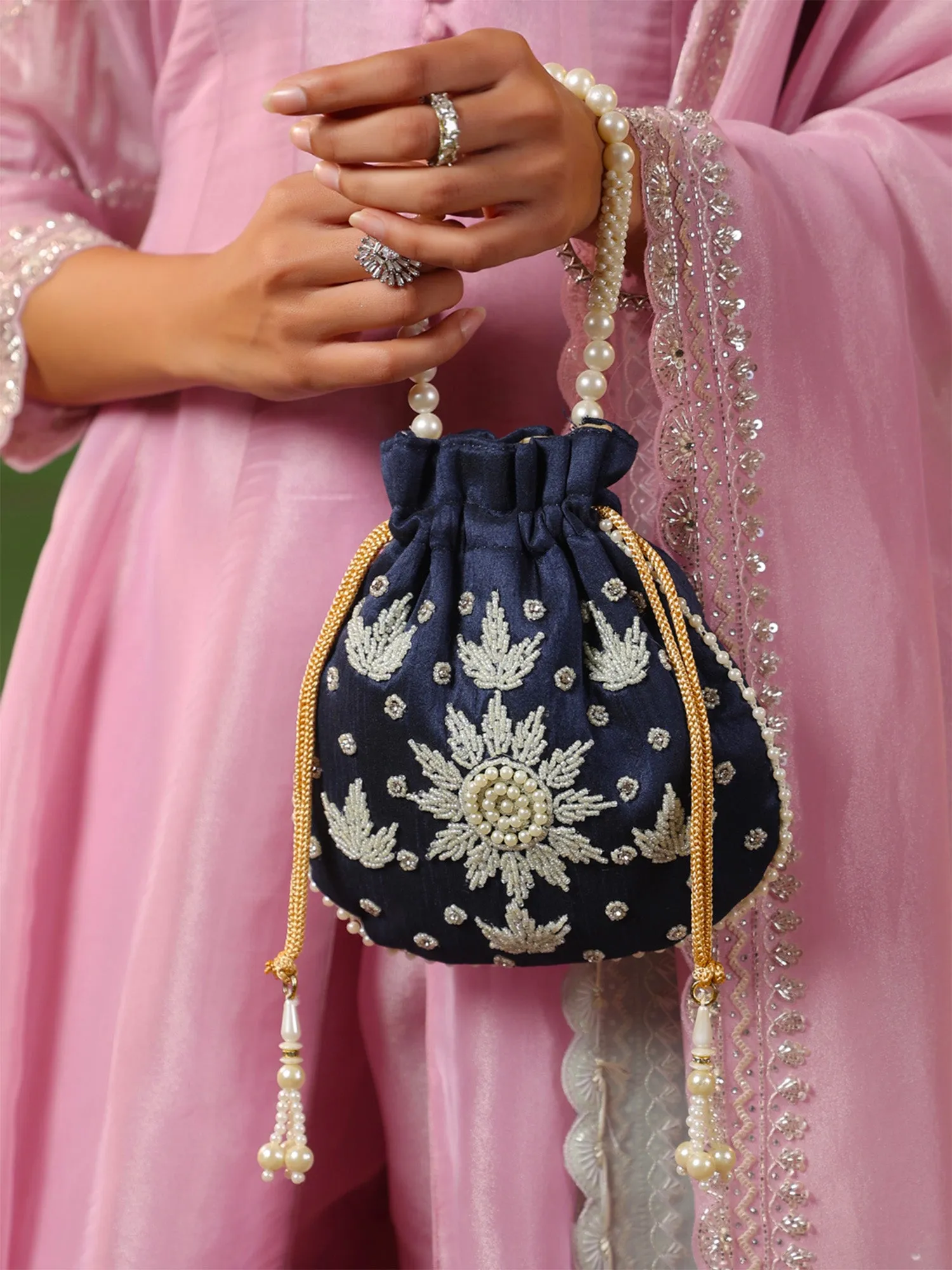 Yellow Chimes Potli Bags: Pearl Beaded Wristlet | Handmade Embroidery | 21x22 cm | Multicolour