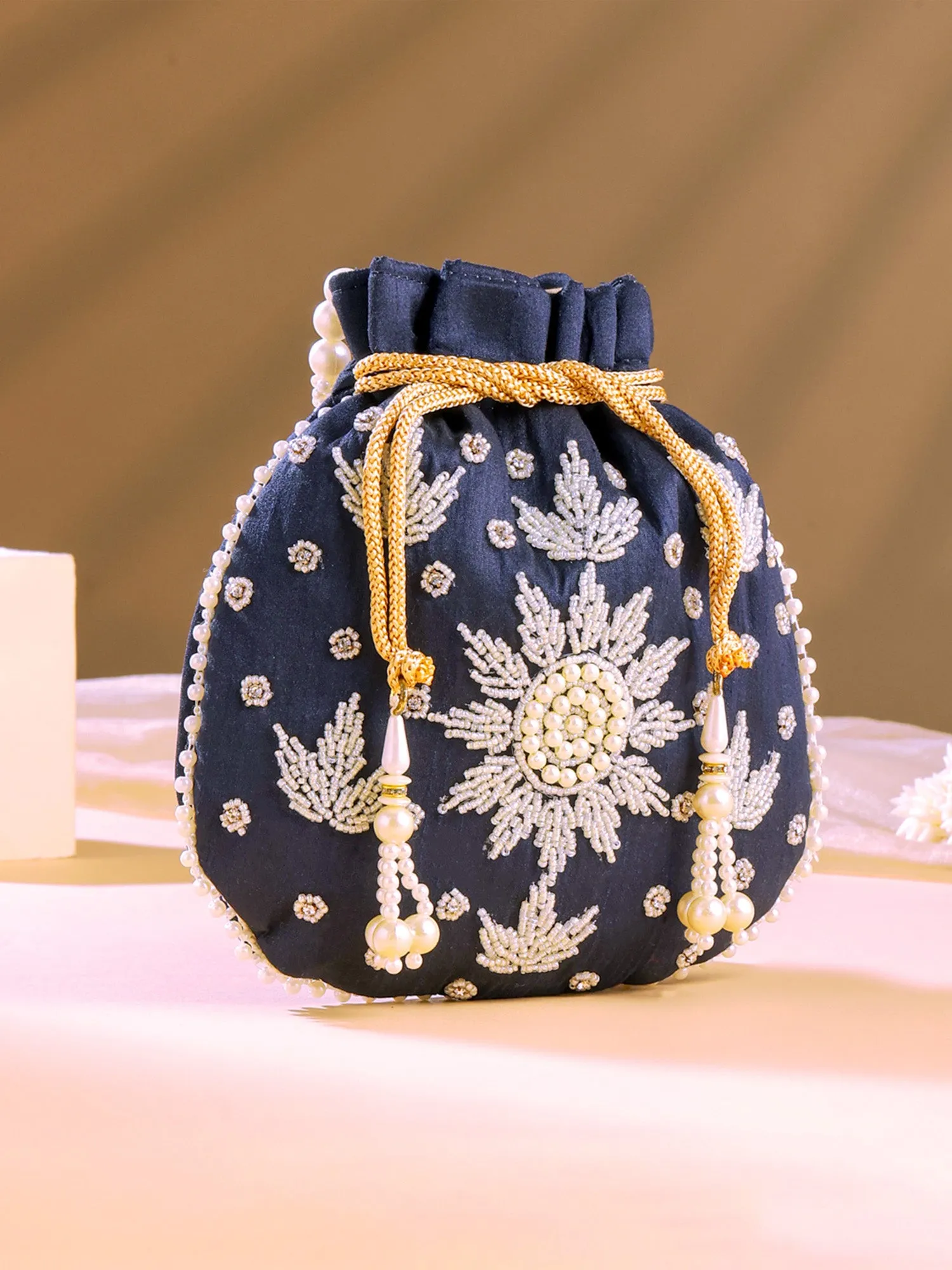 Yellow Chimes Potli Bags: Pearl Beaded Wristlet | Handmade Embroidery | 21x22 cm | Multicolour