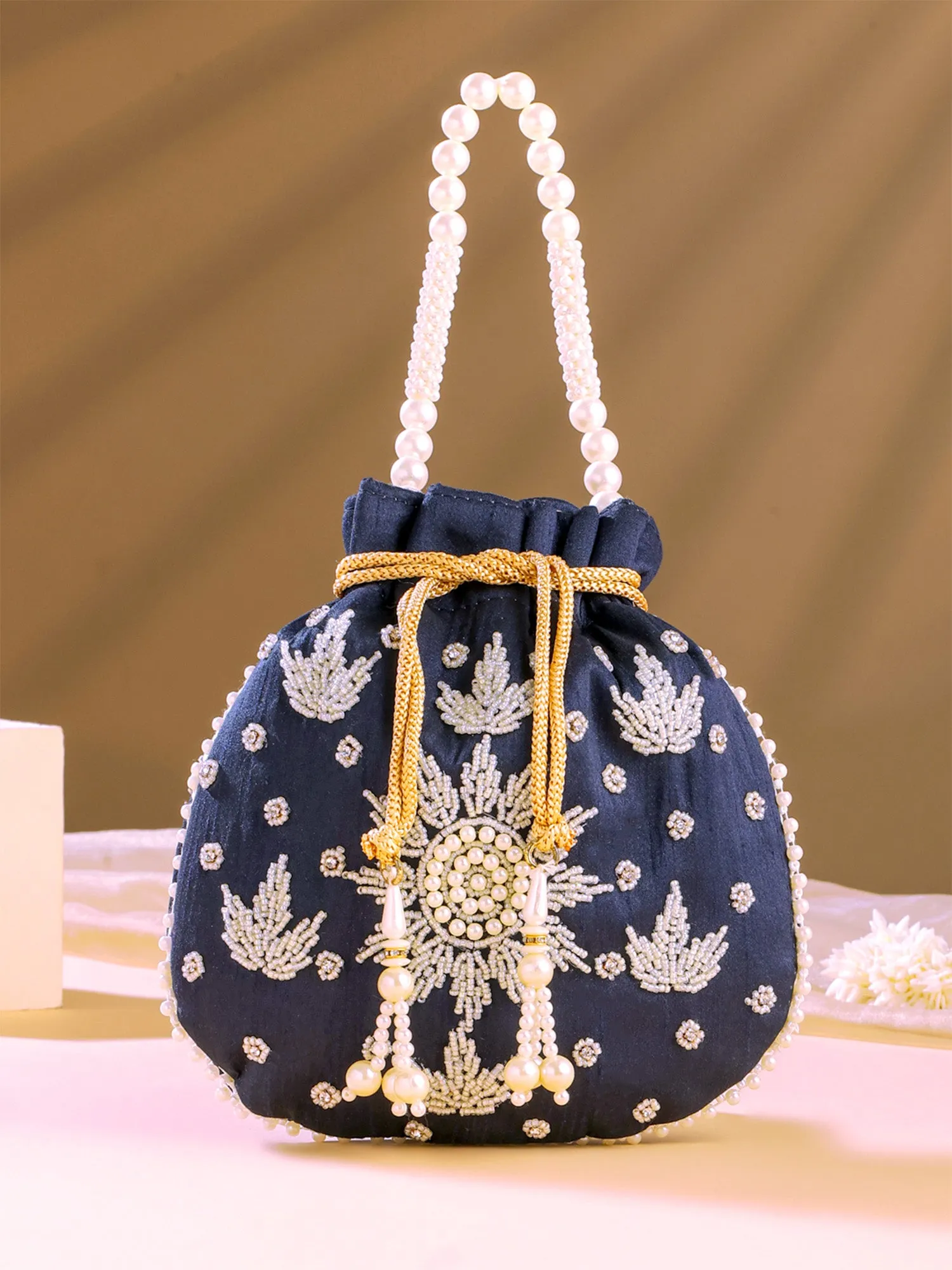 Yellow Chimes Potli Bags: Pearl Beaded Wristlet | Handmade Embroidery | 21x22 cm | Multicolour