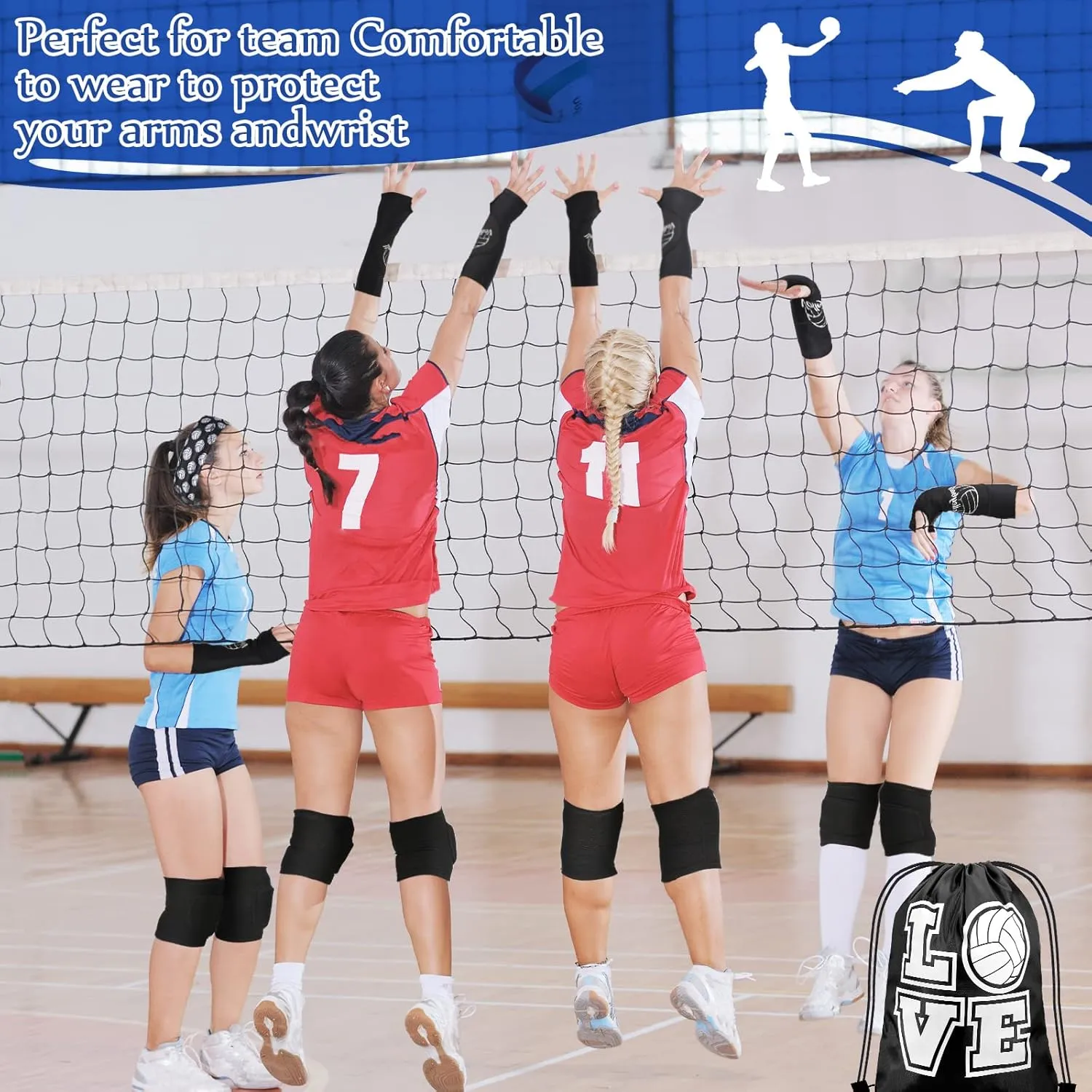 Yinder 4 Pcs Volleyball Accessories Include Knee Pads ,Arm Sleeves , Drawstring Bag,Softball Headbands for Women Volleyball Training Dance