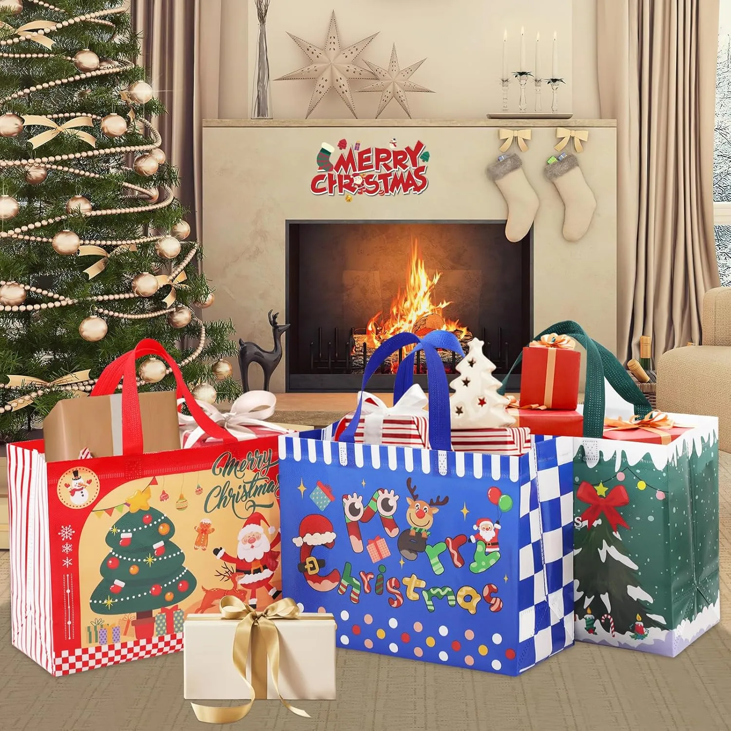 Yunaeduo Gift Bags - Christmas & Holiday Bags Set, 9 Pcs Gift Totes with Handles, 12.5" x 9.8" x 5.5