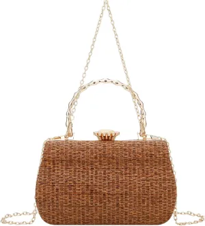 YYW Straw Beach Tote Bag Summer Women Handbags Vacation Shoulder Purse with Chain Woven Bag Gifts