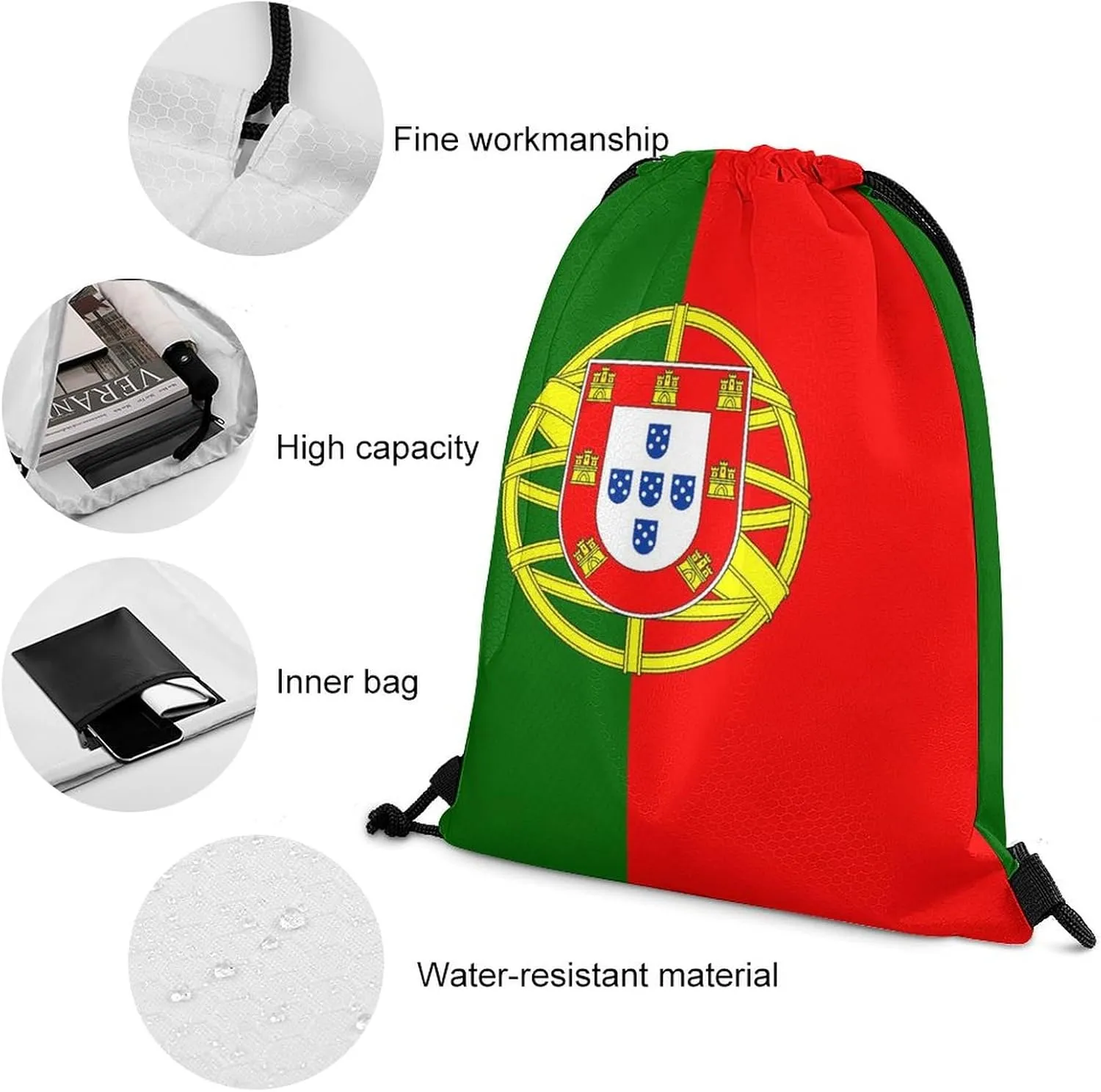 Zakqeik Portugal Flag Unisex Drawstring Backpack Bag Cute Sport Gym Dance Travel Pockets