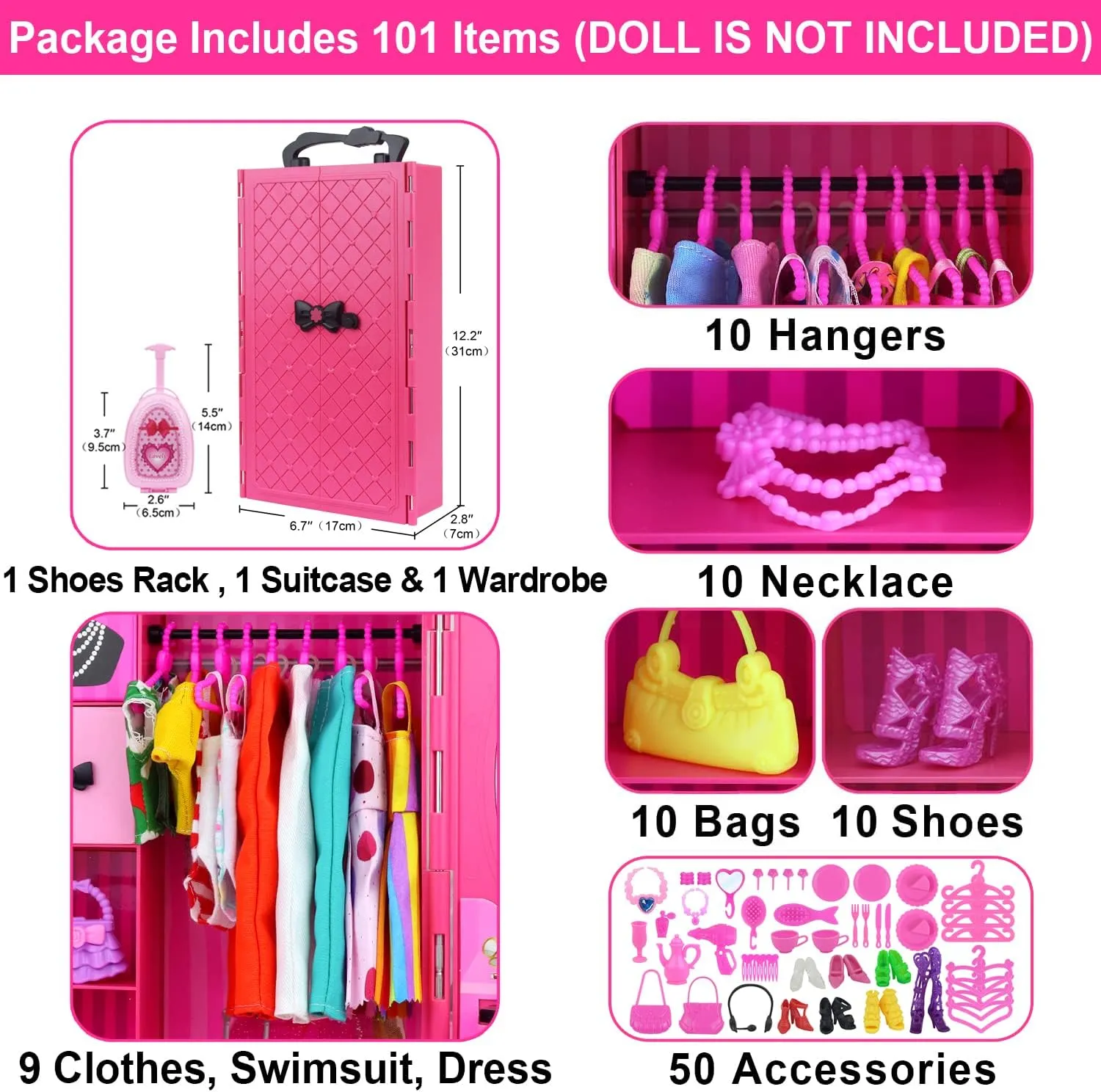 ZITA ELEMENT 11.5 Inch Girl Doll Closet Wardrobe with Clothes and Accessories Set 101 Pcs Including Wardrobe Suitcase Clothes Dresses Swimsuits Shoes Hangers Necklace Bags and Other Stuff