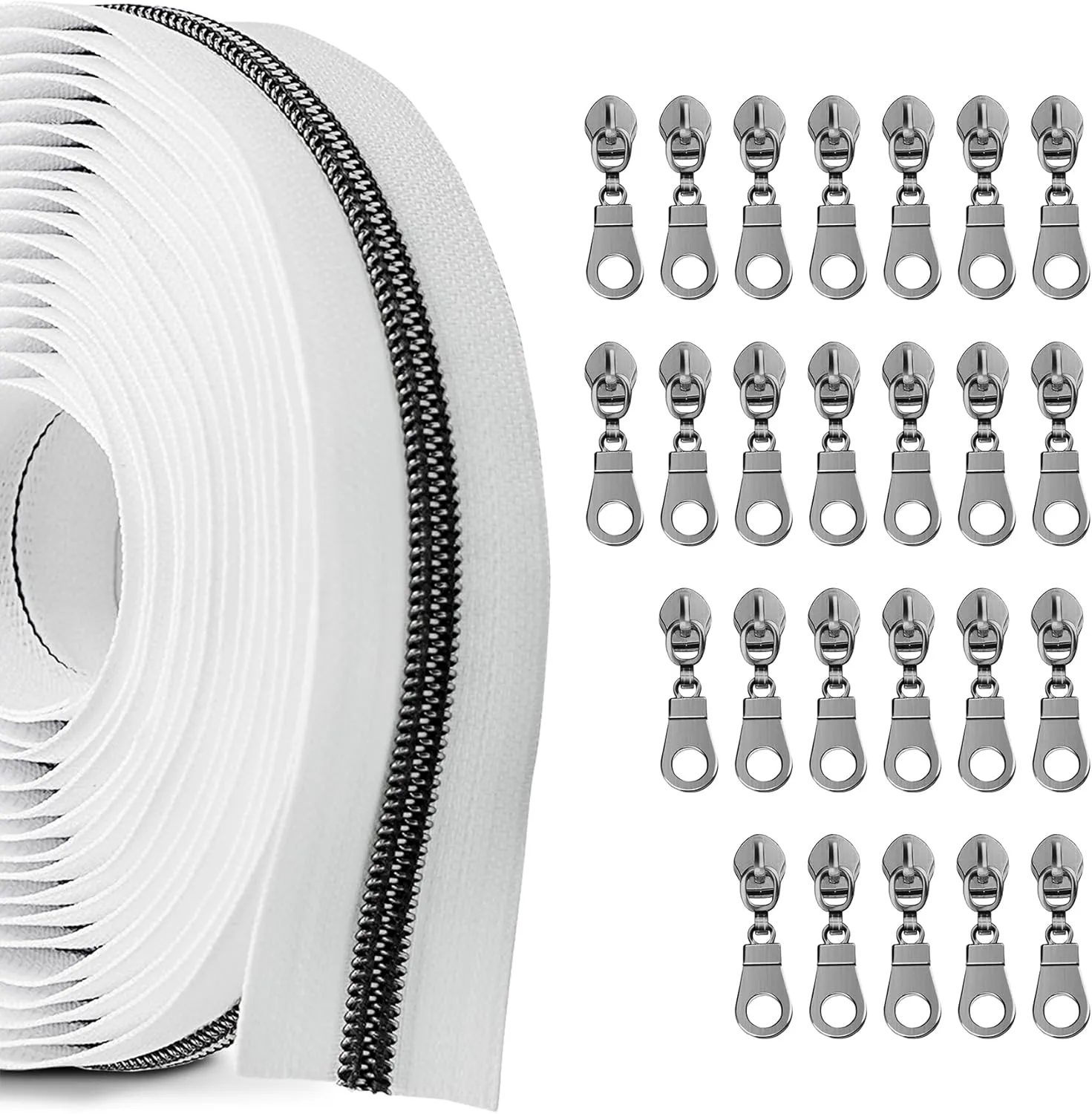 Zynzaoacs Zippers by The Yard 10 Yards Bulk Zippers for Bags and Purses with 25pcs #5 Zipper pulls White Tape with Gun Metal Pull