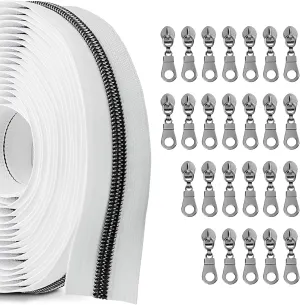 Zynzaoacs Zippers by The Yard 10 Yards Bulk Zippers for Bags and Purses with 25pcs #5 Zipper pulls White Tape with Gun Metal Pull