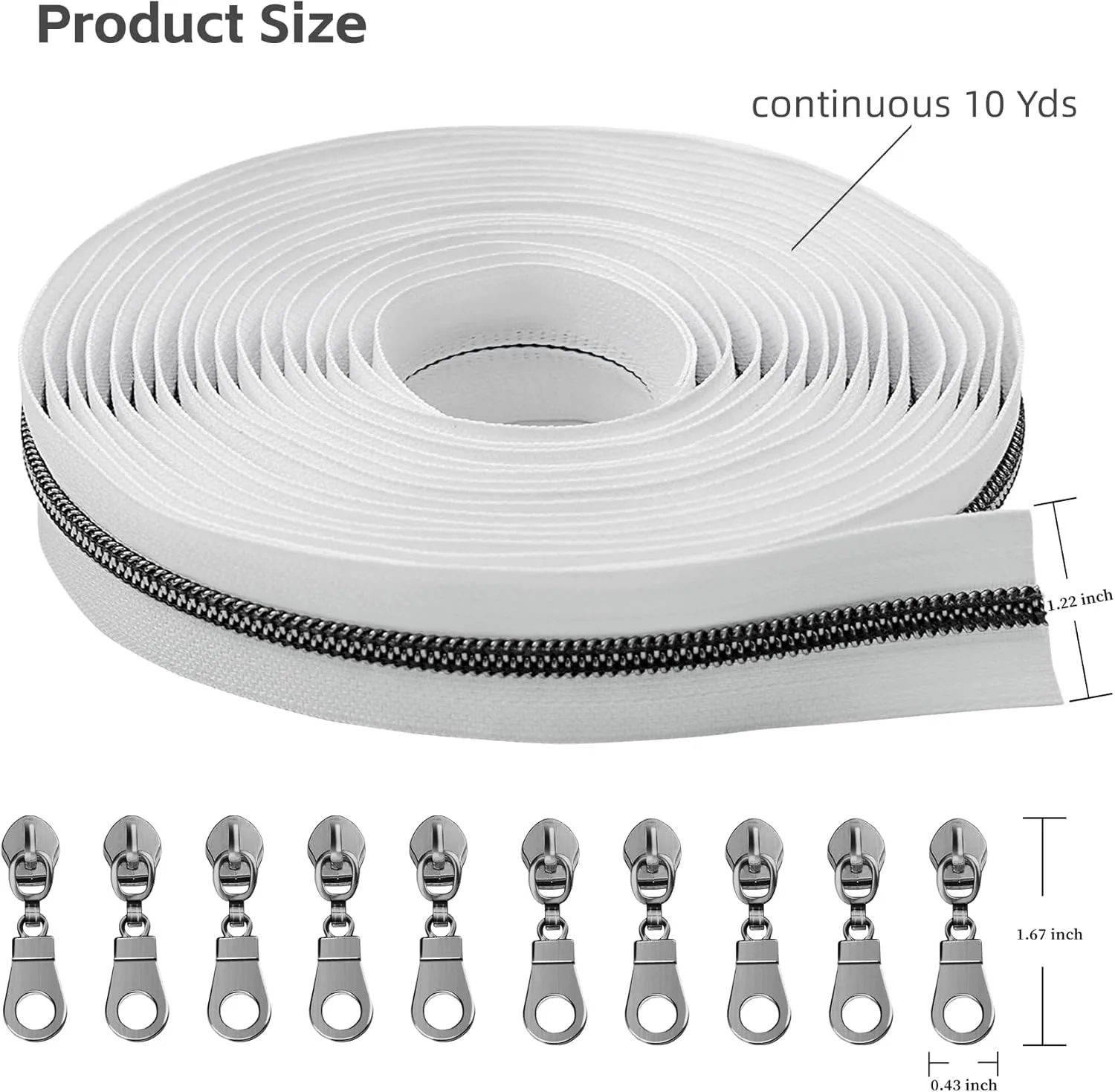 Zynzaoacs Zippers by The Yard 10 Yards Bulk Zippers for Bags and Purses with 25pcs #5 Zipper pulls White Tape with Gun Metal Pull