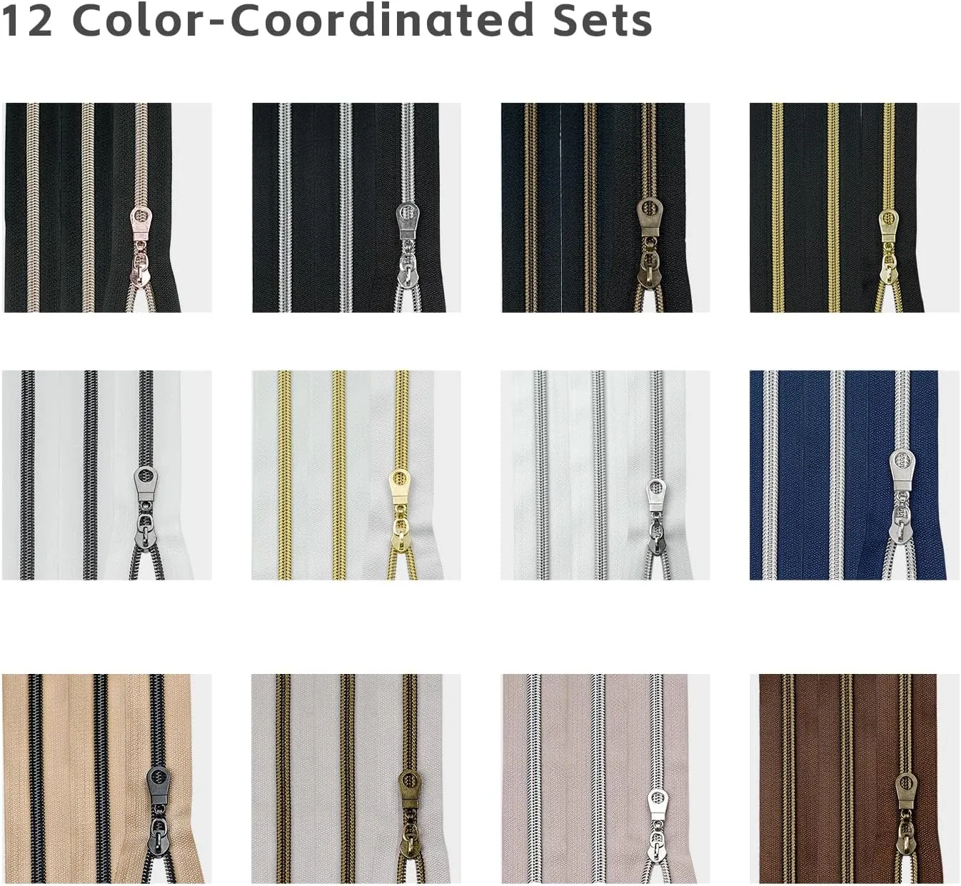Zynzaoacs Zippers by The Yard 10 Yards Bulk Zippers for Bags and Purses with 25pcs #5 Zipper pulls White Tape with Gun Metal Pull
